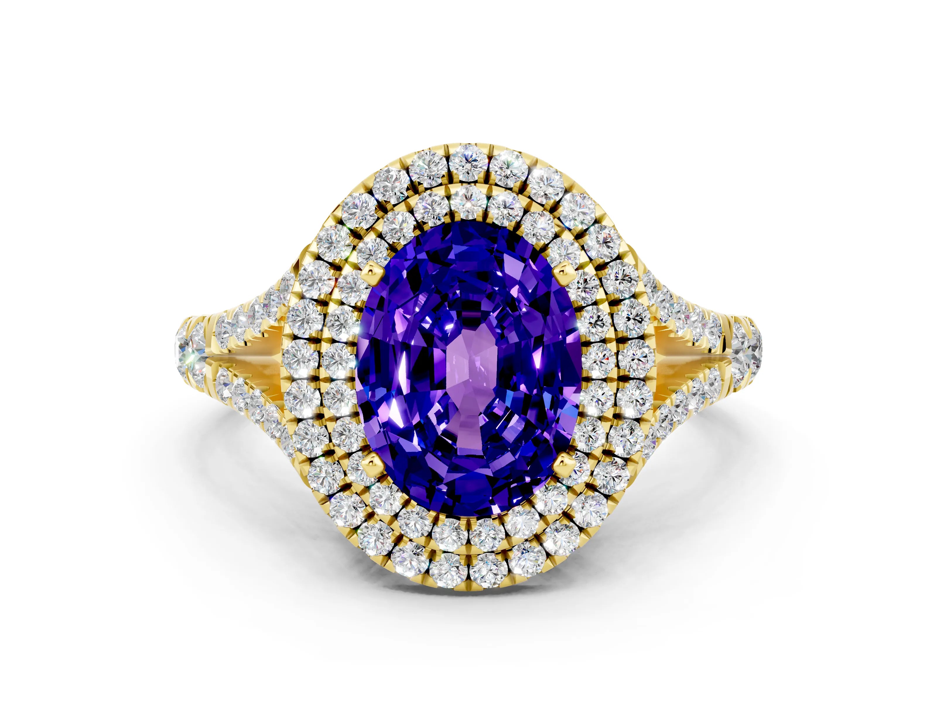 Yellow gold Double Halo Oval Cut Tanzanite Split Shank Engagement Ring with Four-Prong Setting