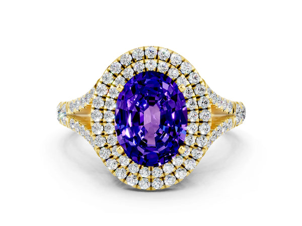 Yellow gold Double Halo Oval Cut Tanzanite Split Shank Engagement Ring with Four-Prong Setting