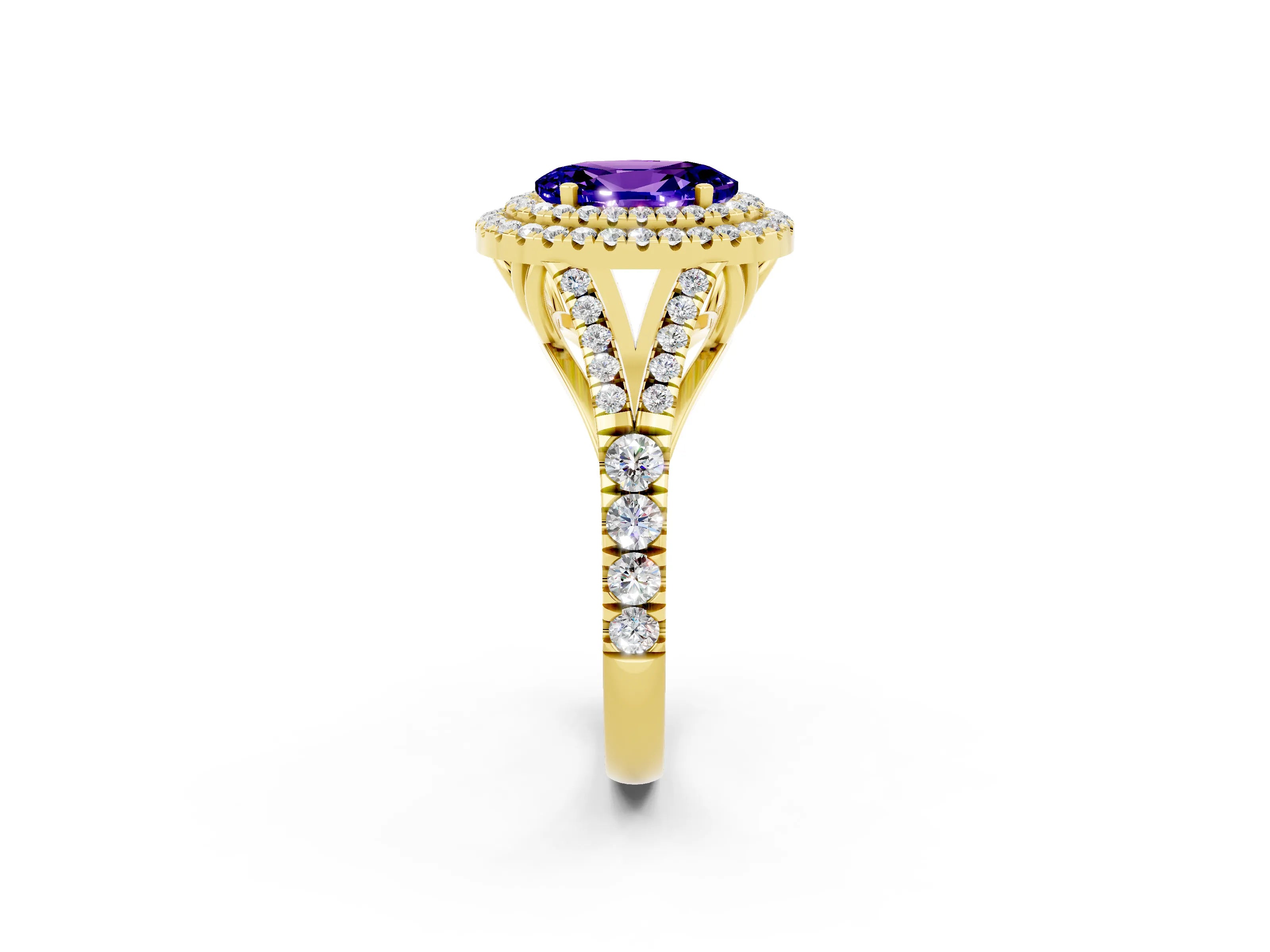 Yellow gold Double Halo Oval Cut Tanzanite Split Shank Engagement Ring with Four-Prong Setting_2
