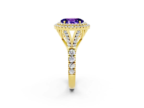 Yellow gold Double Halo Oval Cut Tanzanite Split Shank Engagement Ring with Four-Prong Setting