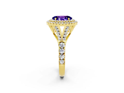 Yellow gold Double Halo Oval Cut Tanzanite Split Shank Engagement Ring with Four-Prong Setting_2