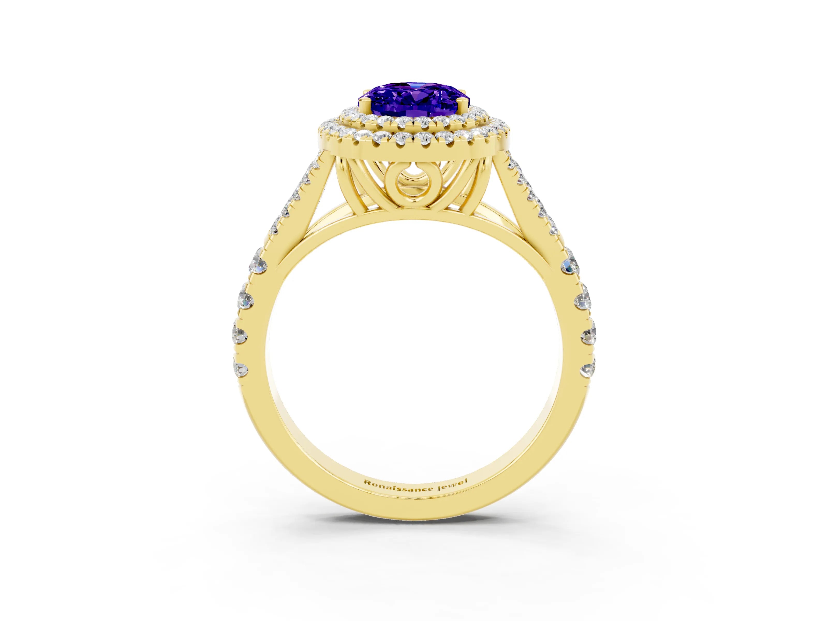 Yellow gold Double Halo Oval Cut Tanzanite Split Shank Engagement Ring with Four-Prong Setting_3