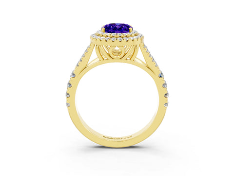 Yellow gold Double Halo Oval Cut Tanzanite Split Shank Engagement Ring with Four-Prong Setting_3