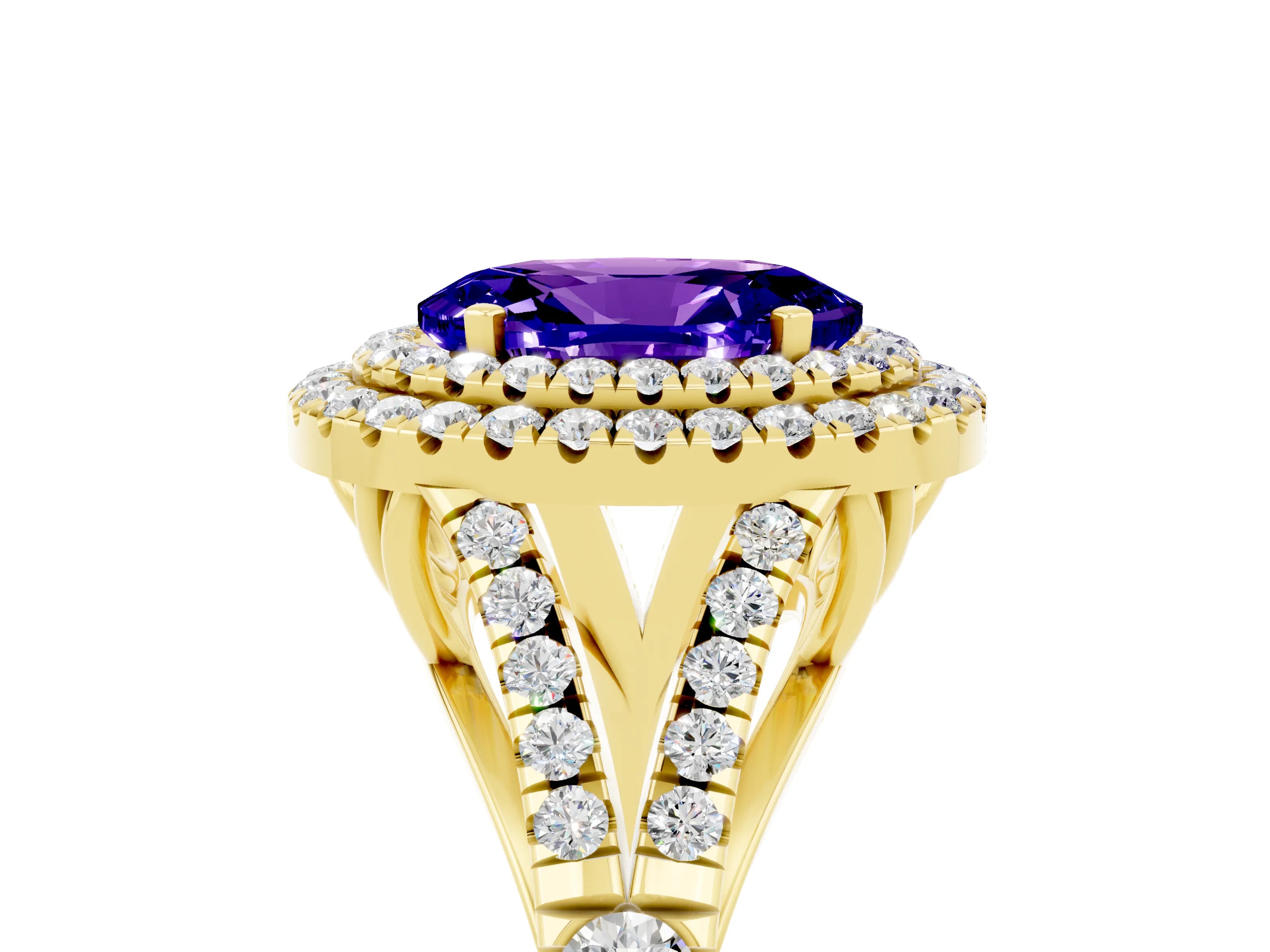 Yellow gold Double Halo Oval Cut Tanzanite Split Shank Engagement Ring with Four-Prong Setting_5