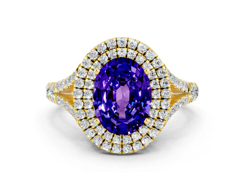 Yellow gold Double Halo Oval Cut Tanzanite Split Shank Engagement Ring with Four-Prong Setting