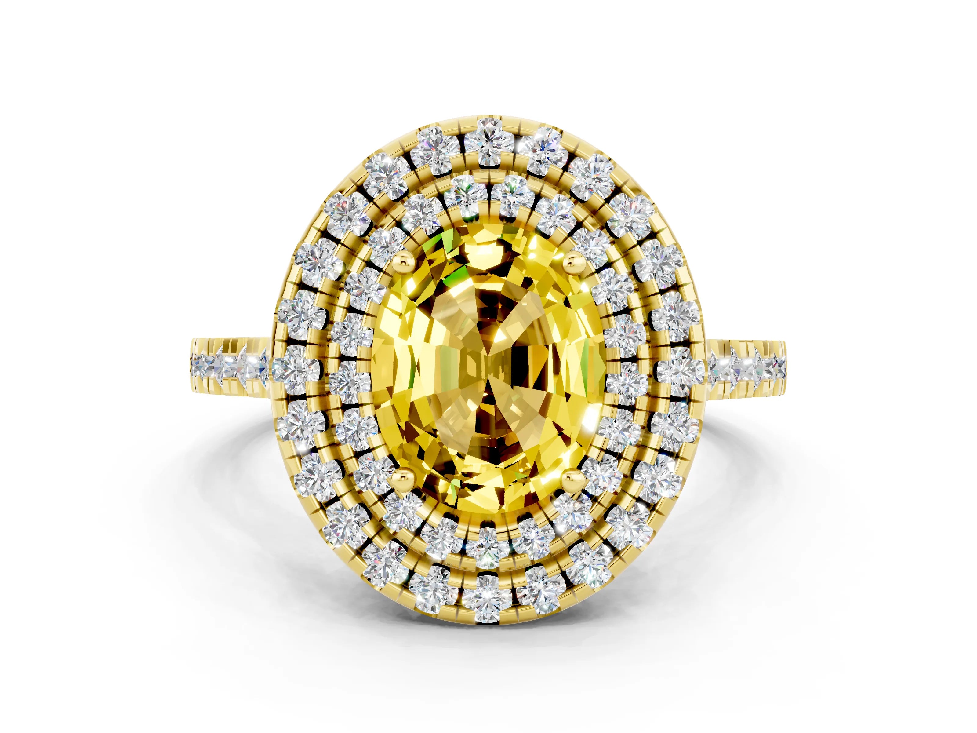 Yellow gold Double Halo Oval Cut Yellow Sapphire Pavé Band with Four-Prong Setting_24