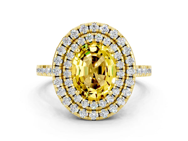 Yellow gold Double Halo Oval Cut Yellow Sapphire Pavé Band with Four-Prong Setting