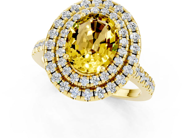 Yellow gold Double Halo Oval Cut Yellow Sapphire Pavé Band with Four-Prong Setting