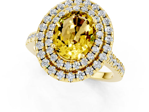 Yellow gold Double Halo Oval Cut Yellow Sapphire Pavé Band with Four-Prong Setting_25