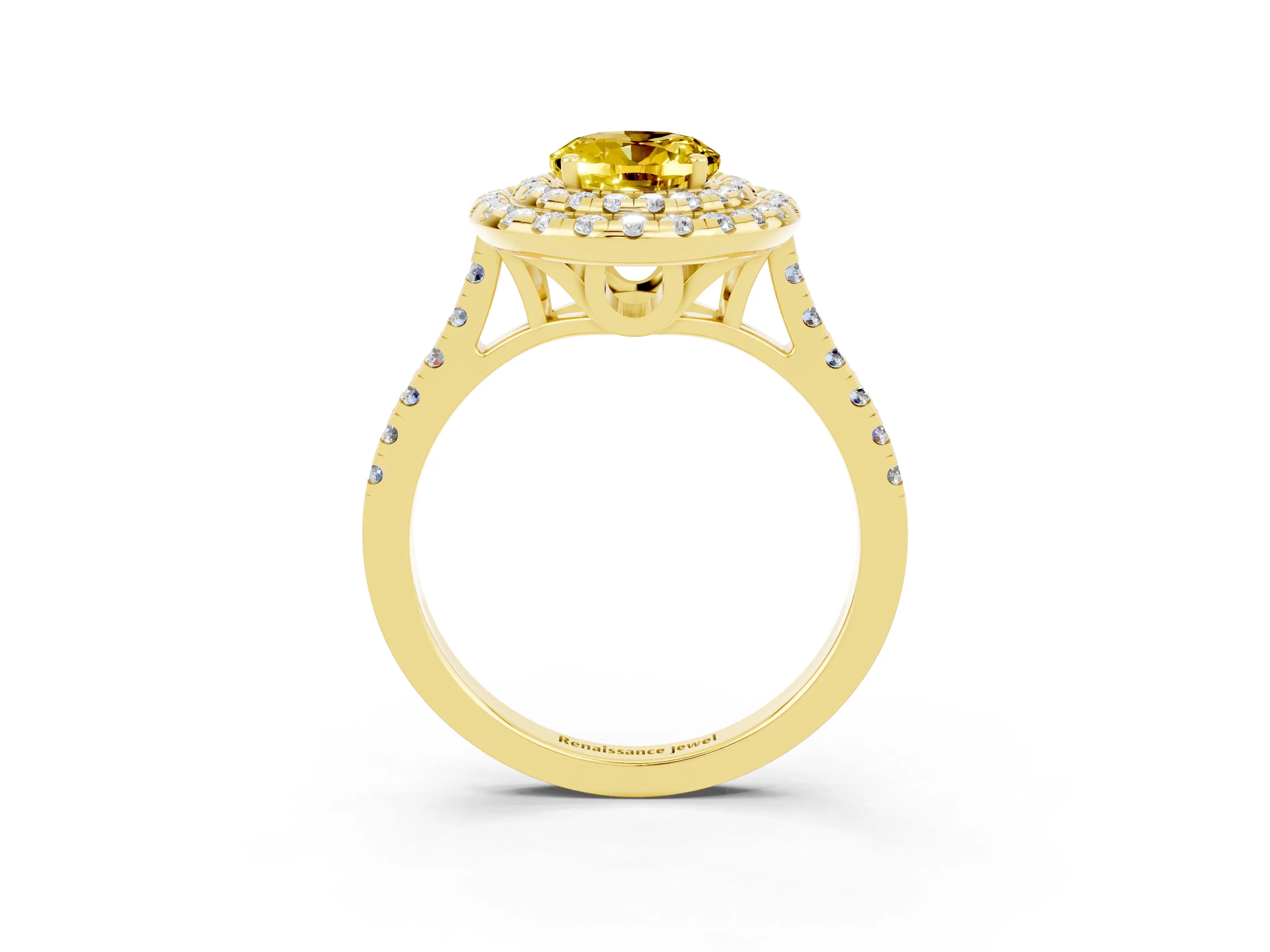 Yellow gold Double Halo Oval Cut Yellow Sapphire Pavé Band with Four-Prong Setting_27