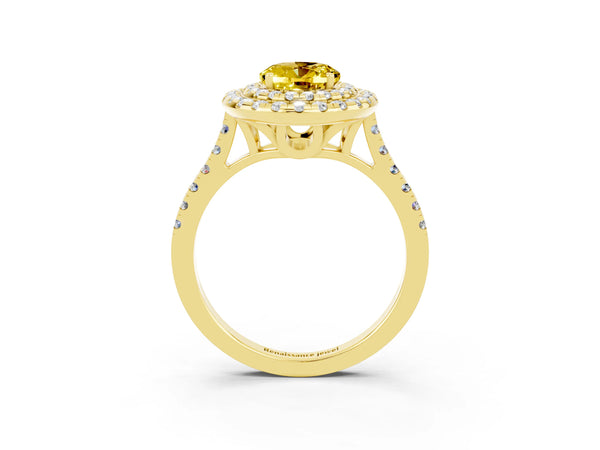 Yellow gold Double Halo Oval Cut Yellow Sapphire Pavé Band with Four-Prong Setting