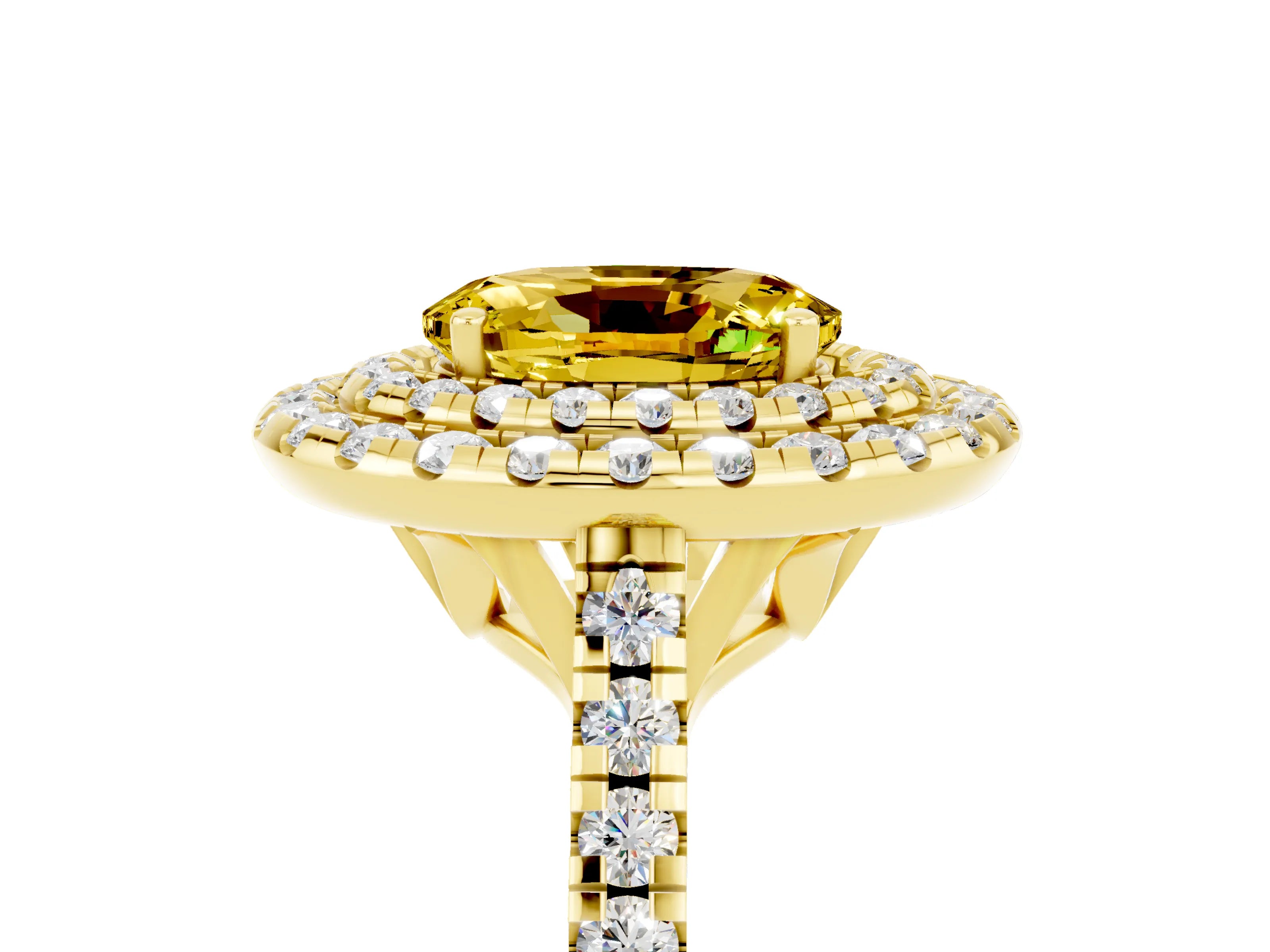 Yellow gold Double Halo Oval Cut Yellow Sapphire Pavé Band with Four-Prong Setting_29