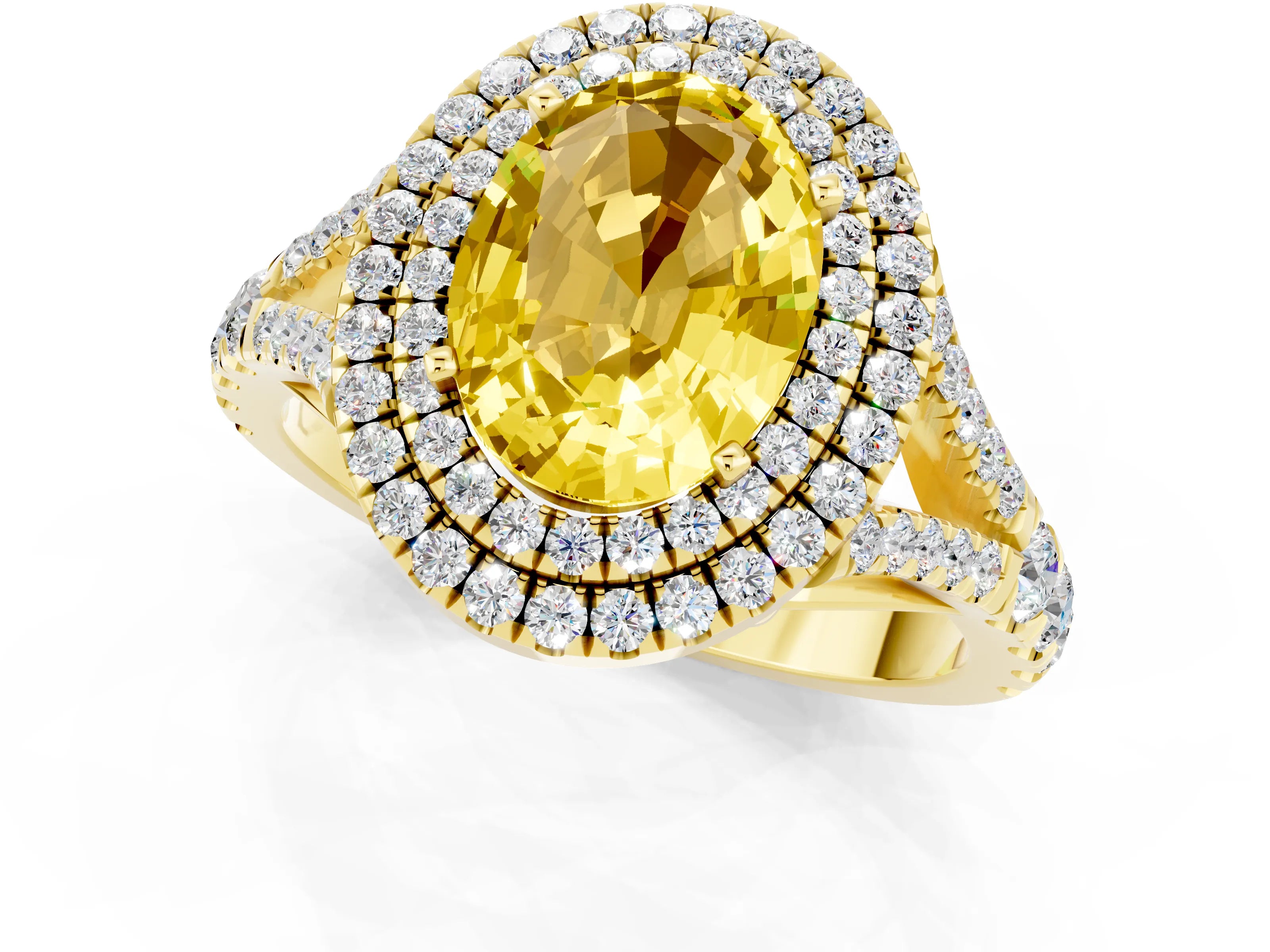 Yellow gold Double Halo Oval Cut Yellow Sapphire Pavé Split Shank Ring with Prong Setting_1