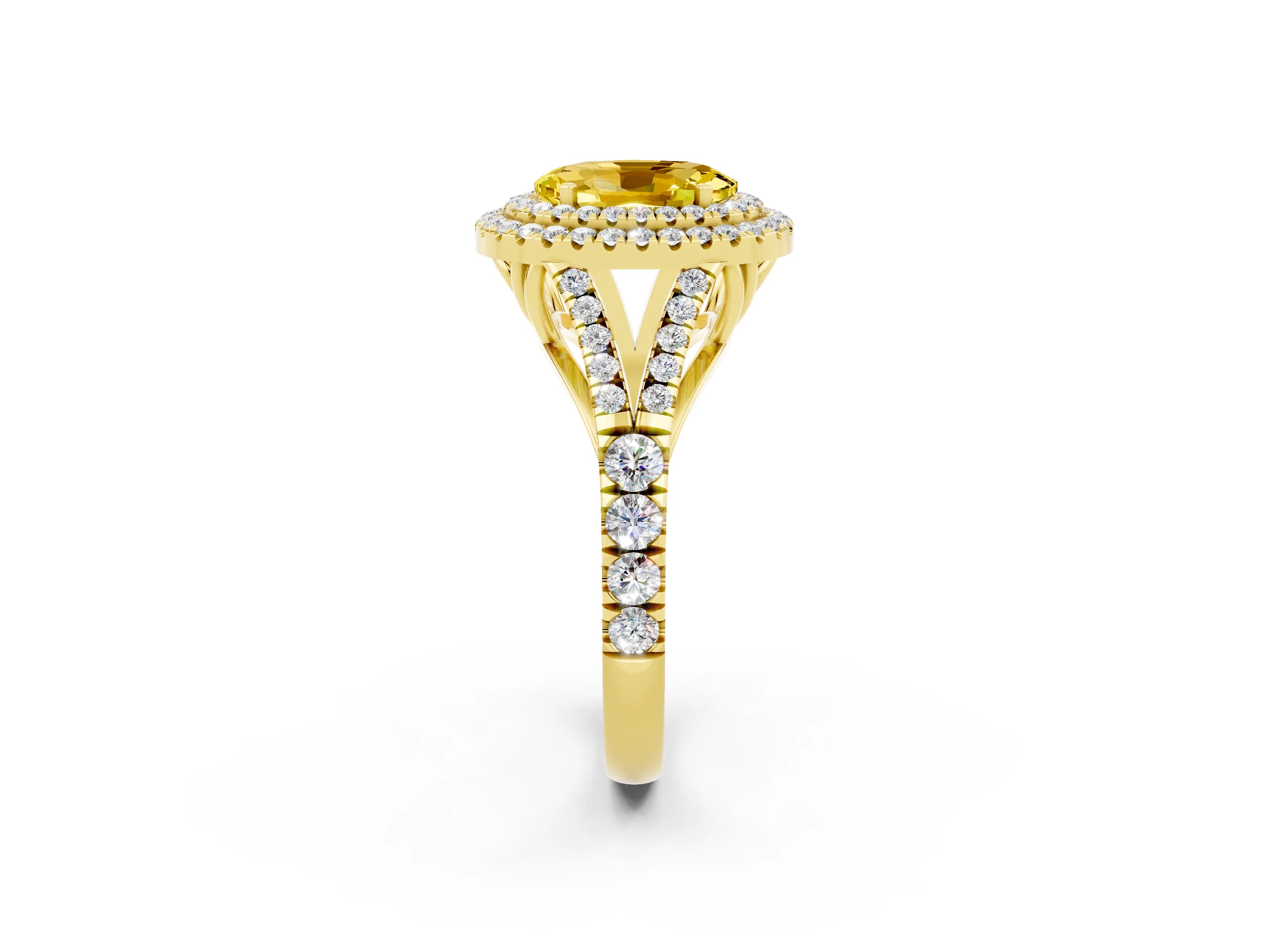 Yellow gold Double Halo Oval Cut Yellow Sapphire Pavé Split Shank Ring with Prong Setting_2