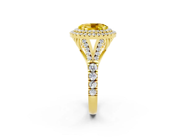 Yellow gold Double Halo Oval Cut Yellow Sapphire Pavé Split Shank Ring with Prong Setting