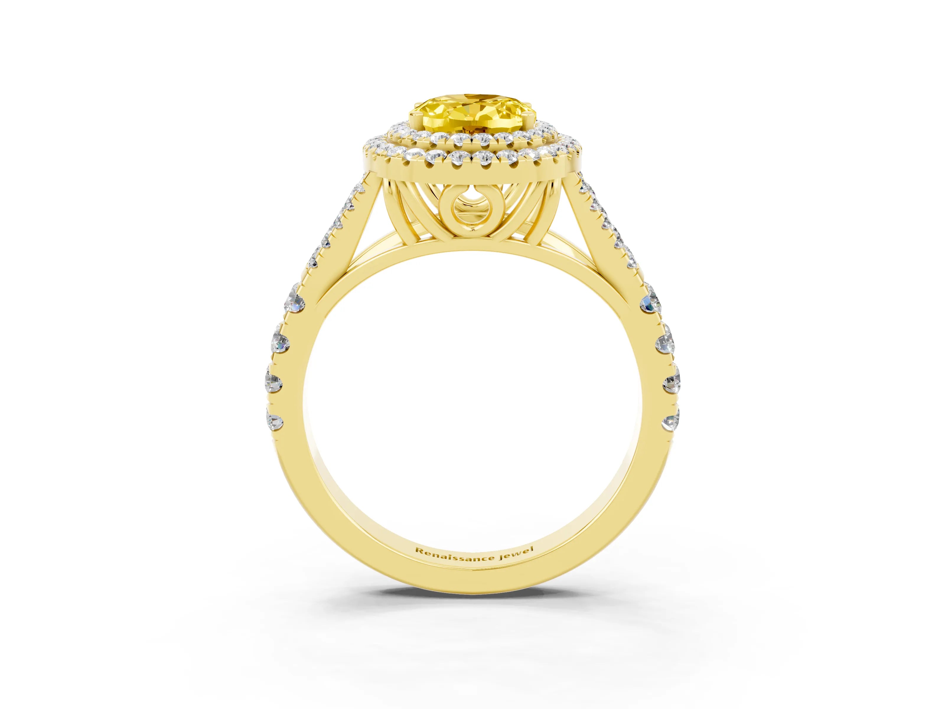 Yellow gold Double Halo Oval Cut Yellow Sapphire Pavé Split Shank Ring with Prong Setting_3