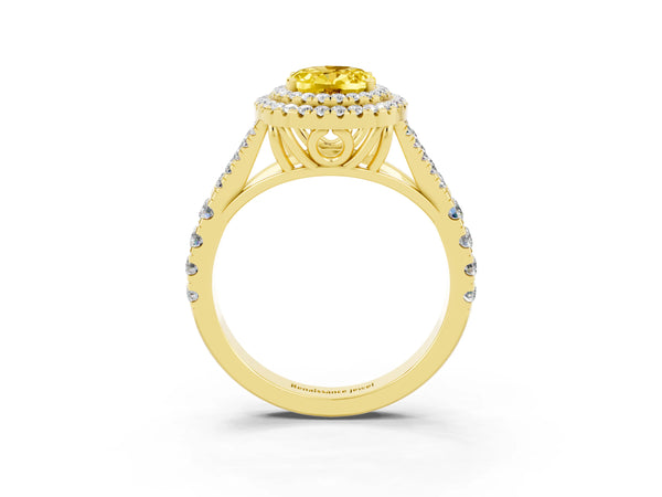 Yellow gold Double Halo Oval Cut Yellow Sapphire Pavé Split Shank Ring with Prong Setting