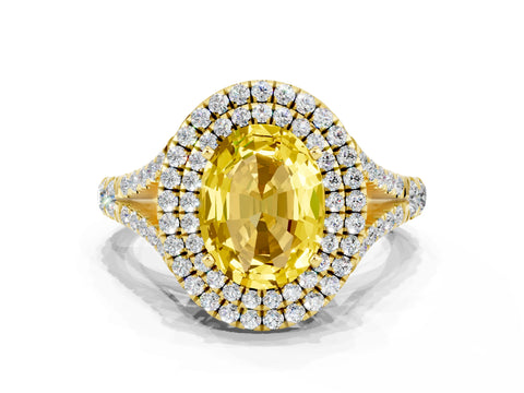 Yellow gold Double Halo Oval Cut Yellow Sapphire Pavé Split Shank Ring with Prong Setting