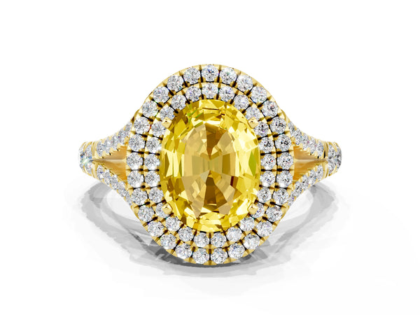 Yellow gold Double Halo Oval Cut Yellow Sapphire Split Shank Engagement Ring with Four-Prong Setting