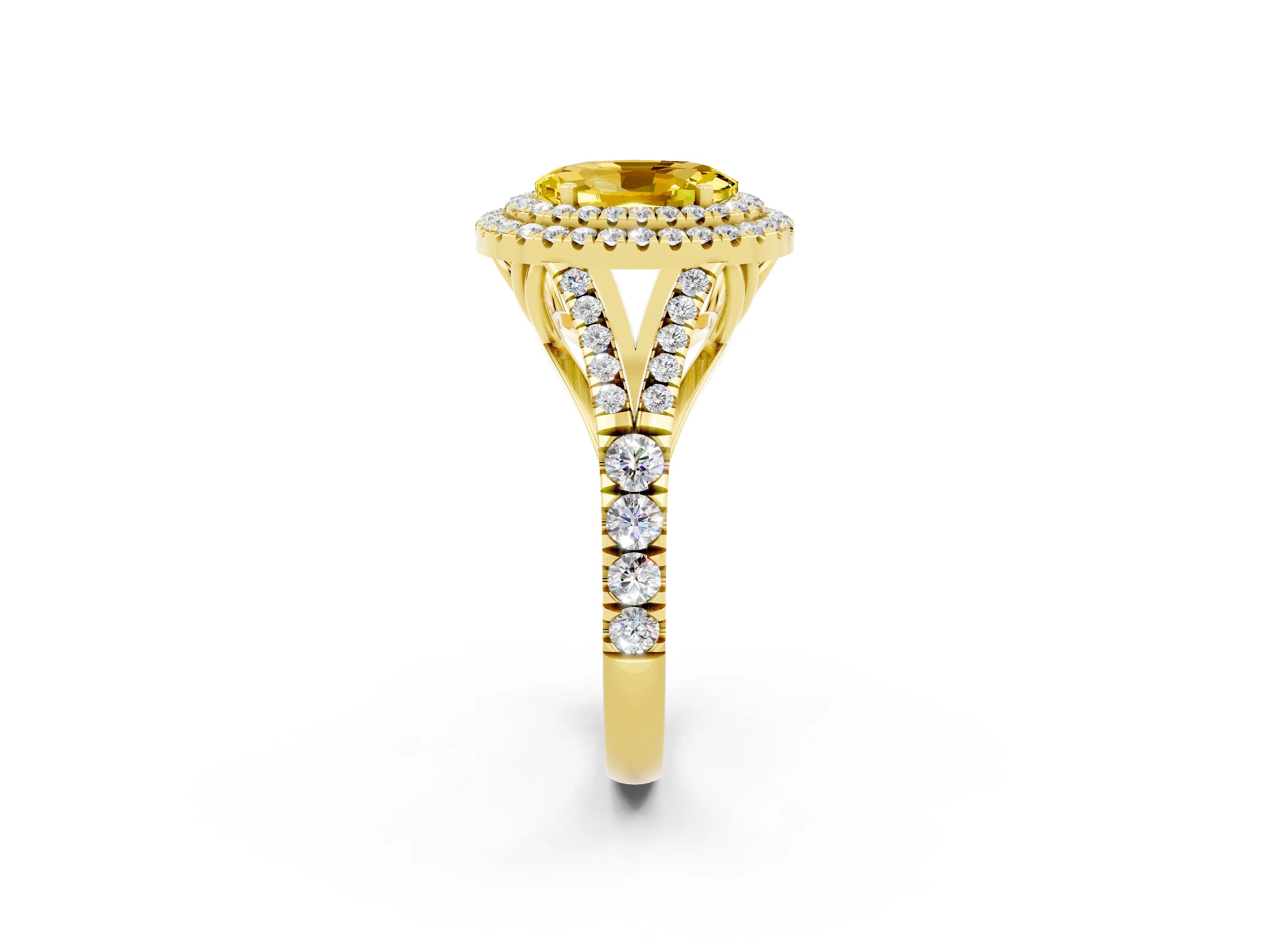 Yellow gold Double Halo Oval Cut Yellow Sapphire Split Shank Engagement Ring with Four-Prong Setting_2