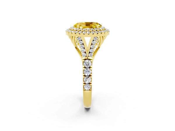 Yellow gold Double Halo Oval Cut Yellow Sapphire Split Shank Engagement Ring with Four-Prong Setting