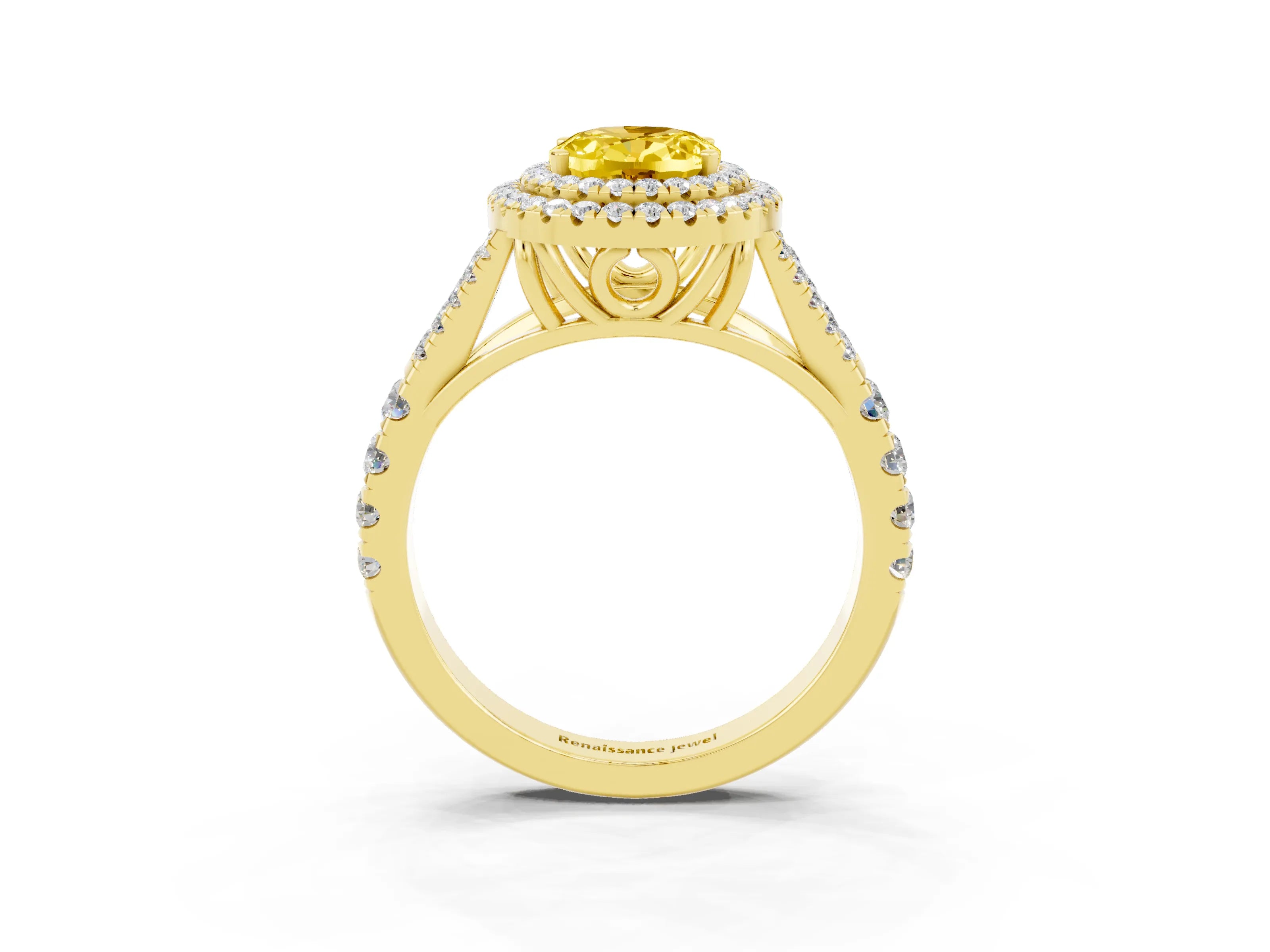 Yellow gold Double Halo Oval Cut Yellow Sapphire Split Shank Engagement Ring with Four-Prong Setting_3