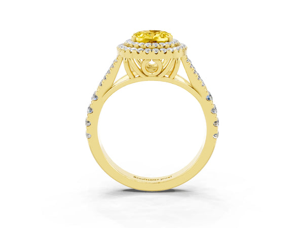 Yellow gold Double Halo Oval Cut Yellow Sapphire Split Shank Engagement Ring with Four-Prong Setting