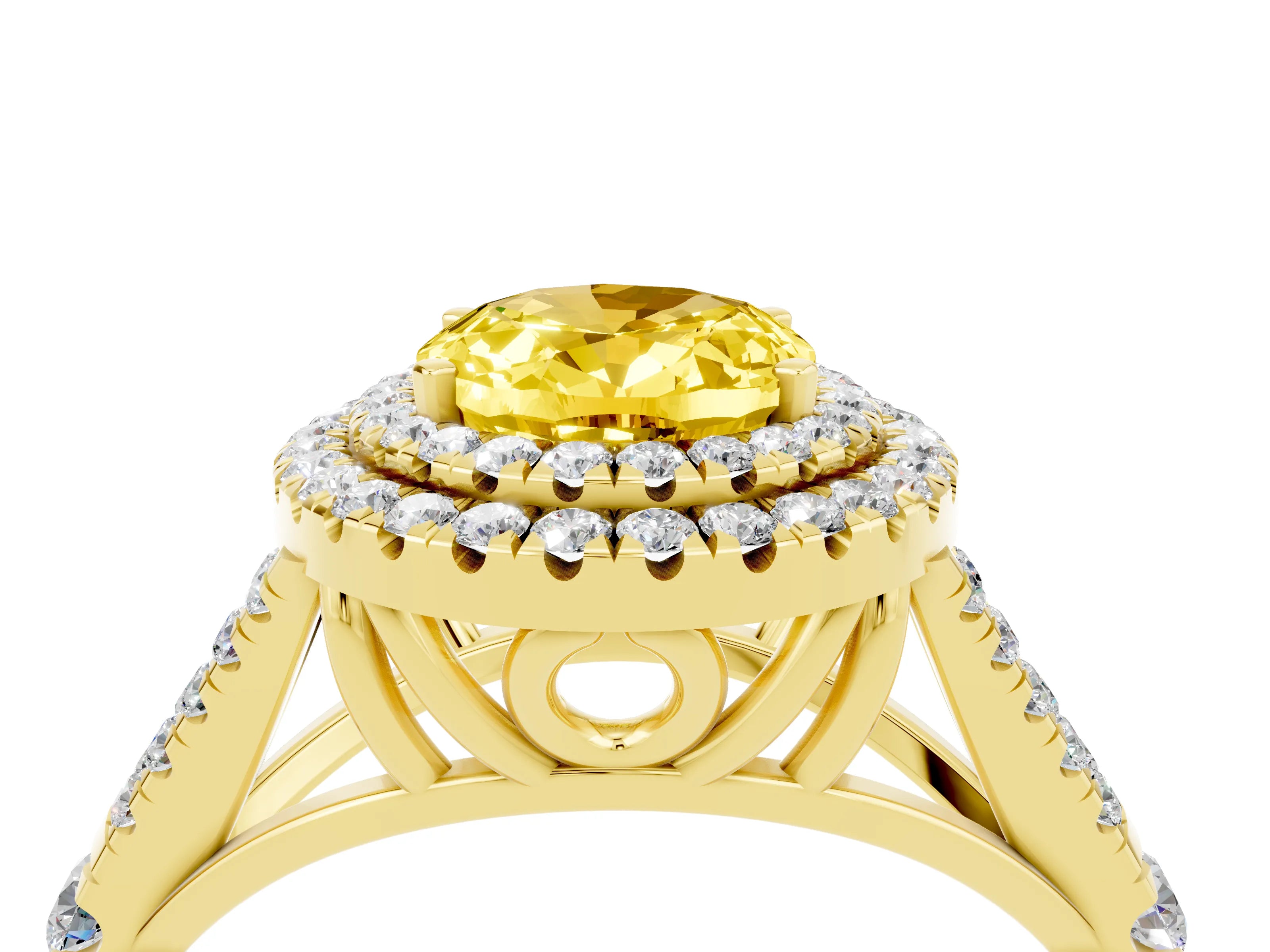 Yellow gold Double Halo Oval Cut Yellow Sapphire Split Shank Engagement Ring with Four-Prong Setting_4
