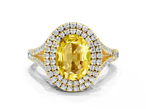 Yellow gold Double Halo Oval Cut Yellow Sapphire Split Shank Engagement Ring with Four-Prong Setting