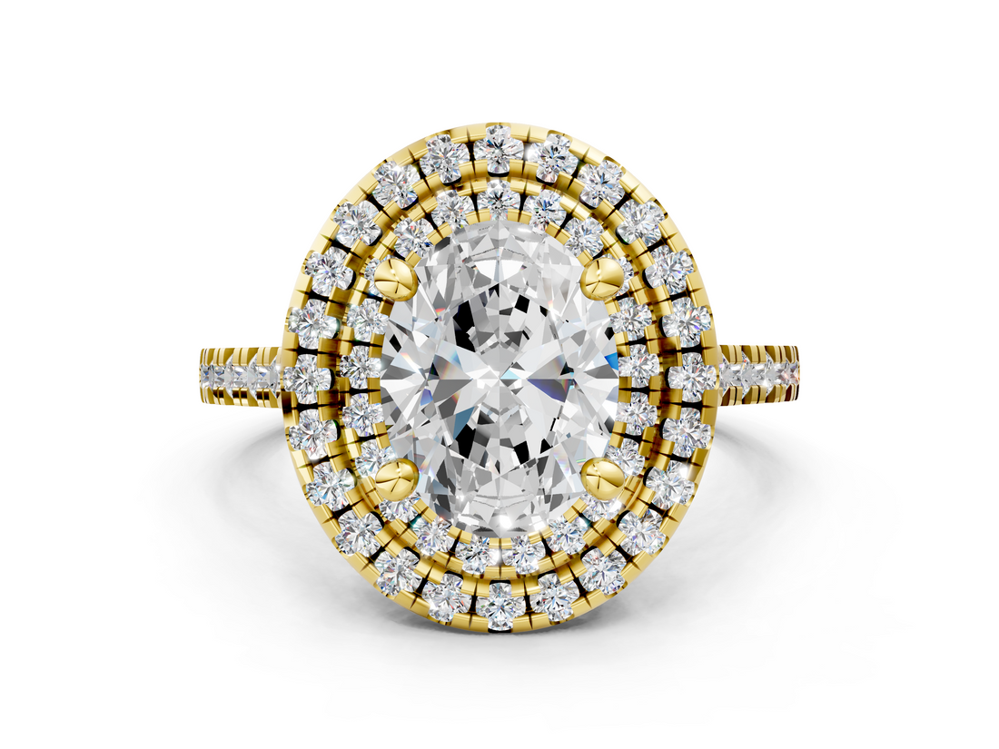 Yellow gold Double Halo Oval Diamond Pave Band with Four-Prong Setting_58