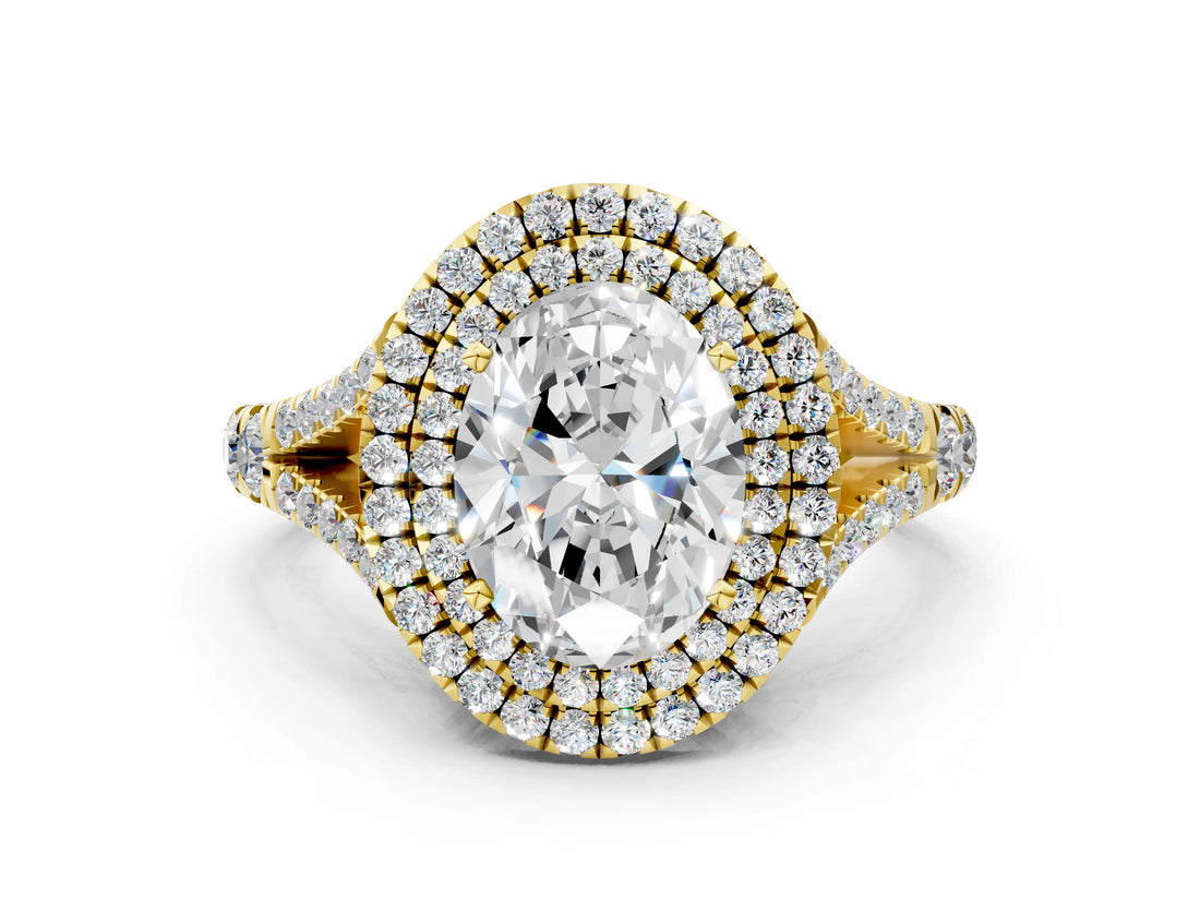 Yellow gold Double Halo Oval-Shaped Split Shank Diamond Ring with Prong Setting_15