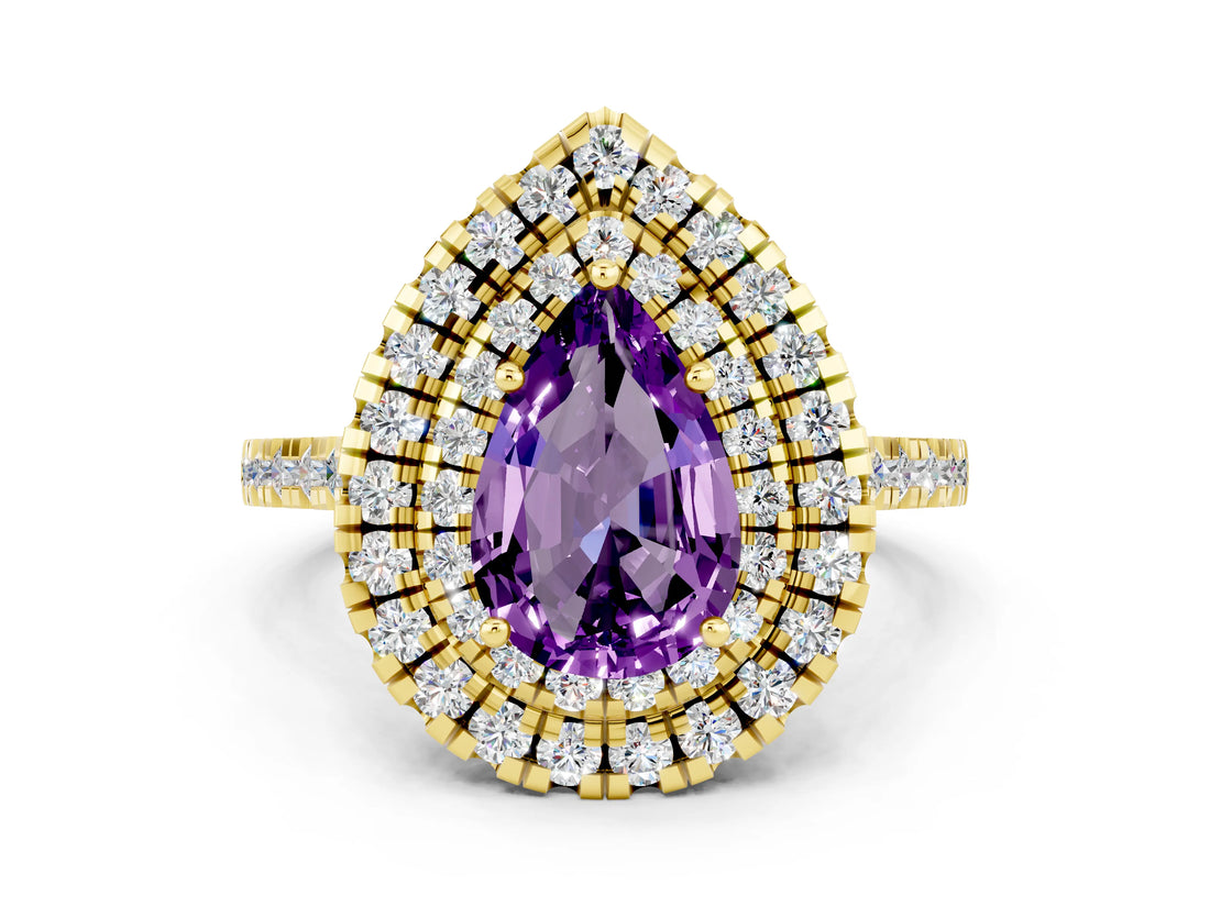 Yellow gold Double Halo Pear Cut Amethyst Pavé Band with Four-Prong Setting