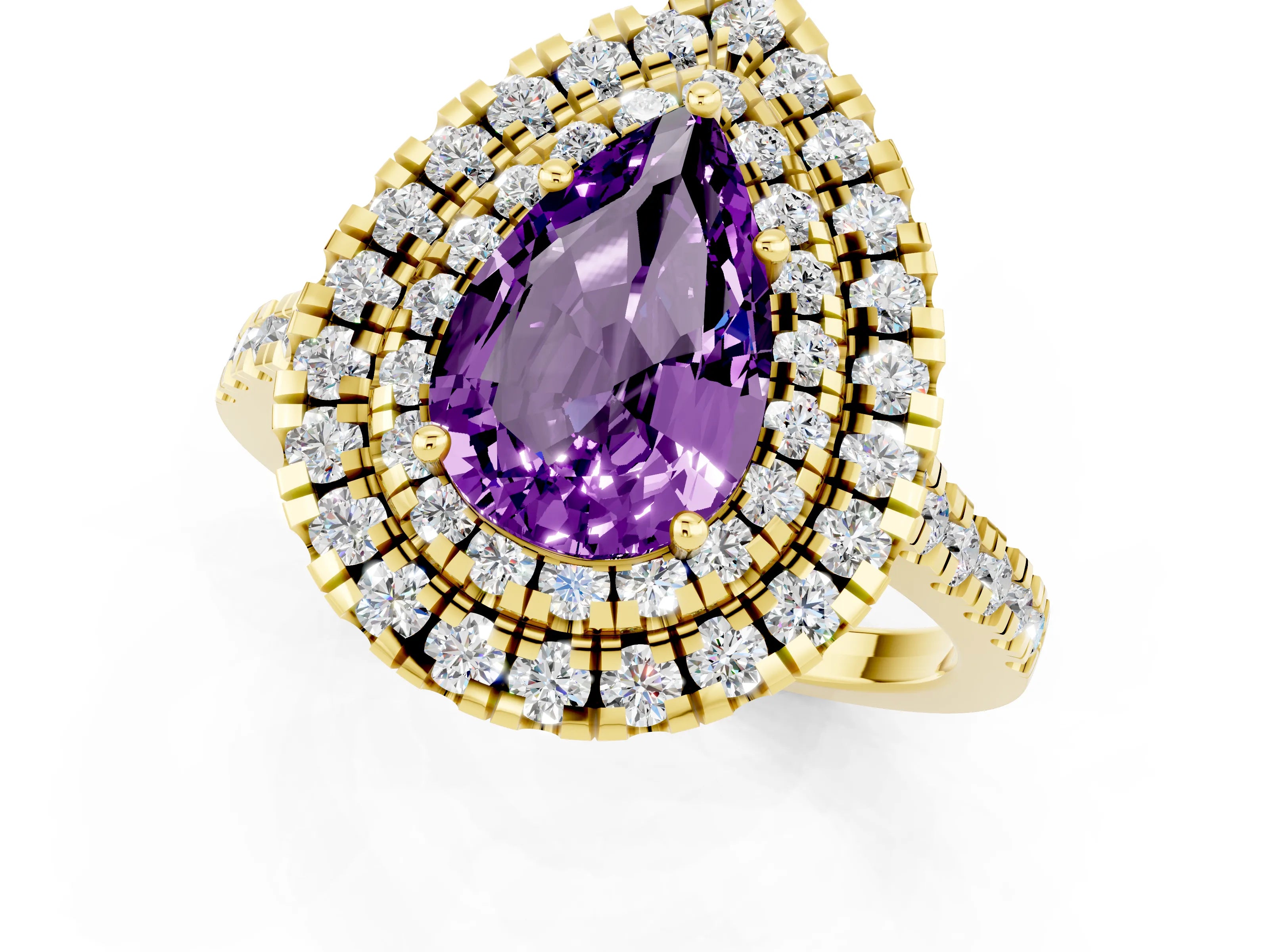 Yellow gold Double Halo Pear Cut Amethyst Pavé Band with Four-Prong Setting_1