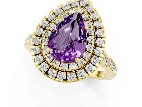 Yellow gold Double Halo Pear Cut Amethyst Pavé Band with Four-Prong Setting_1