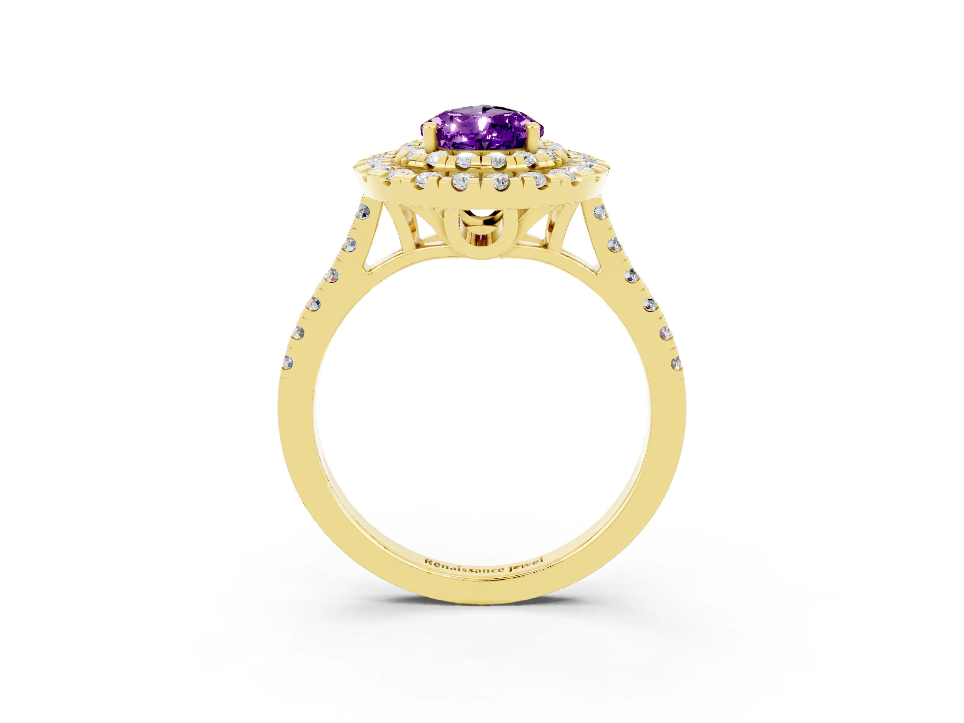 Yellow gold Double Halo Pear Cut Amethyst Pavé Band with Four-Prong Setting_3
