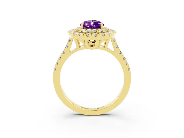 Yellow gold Double Halo Pear Cut Amethyst Pavé Band with Four-Prong Setting