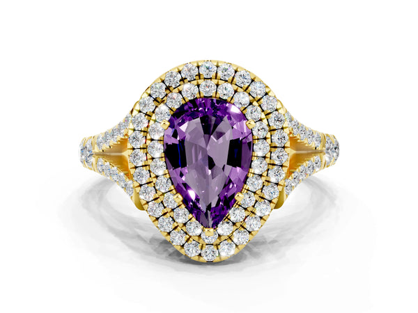 Yellow gold Double Halo Pear Cut Amethyst Pavé Split Shank Ring with Prong Setting