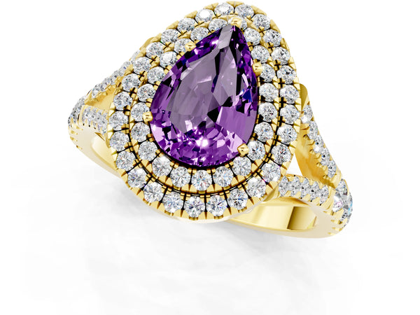 Yellow gold Double Halo Pear Cut Amethyst Pavé Split Shank Ring with Prong Setting