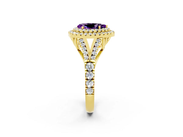 Yellow gold Double Halo Pear Cut Amethyst Pavé Split Shank Ring with Prong Setting