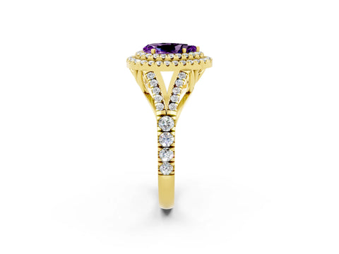 Yellow gold Double Halo Pear Cut Amethyst Pavé Split Shank Ring with Prong Setting_2