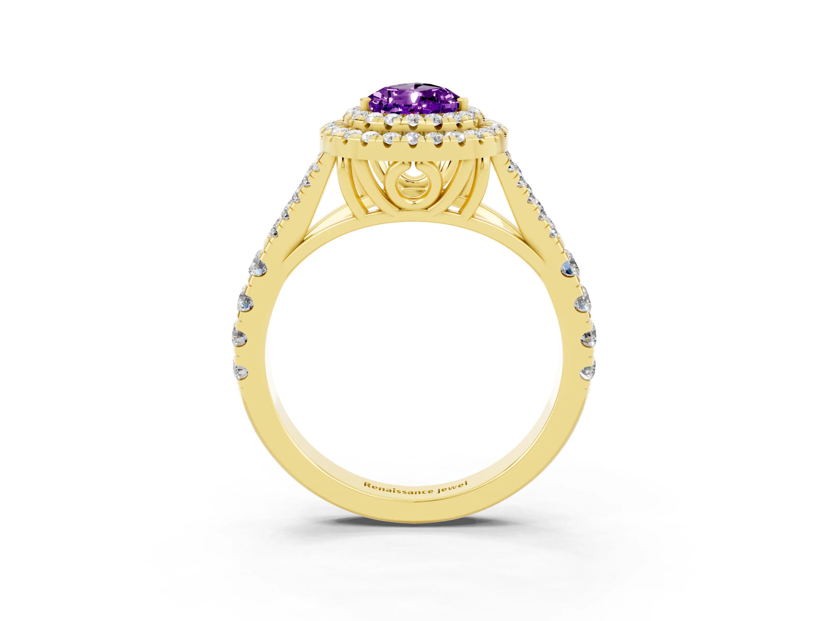 Yellow gold Double Halo Pear Cut Amethyst Pavé Split Shank Ring with Prong Setting_3