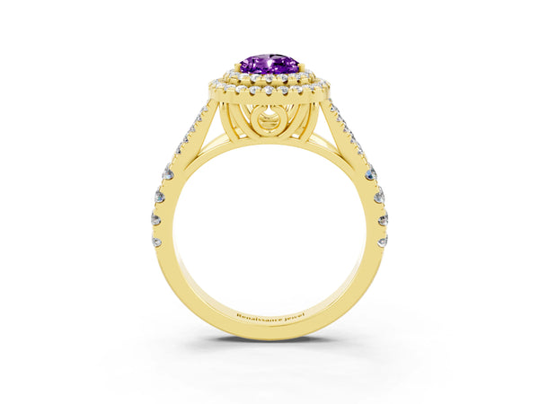Yellow gold Double Halo Pear Cut Amethyst Pavé Split Shank Ring with Prong Setting