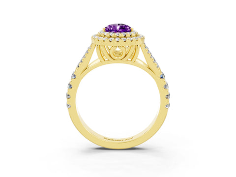 Yellow gold Double Halo Pear Cut Amethyst Pavé Split Shank Ring with Prong Setting_3