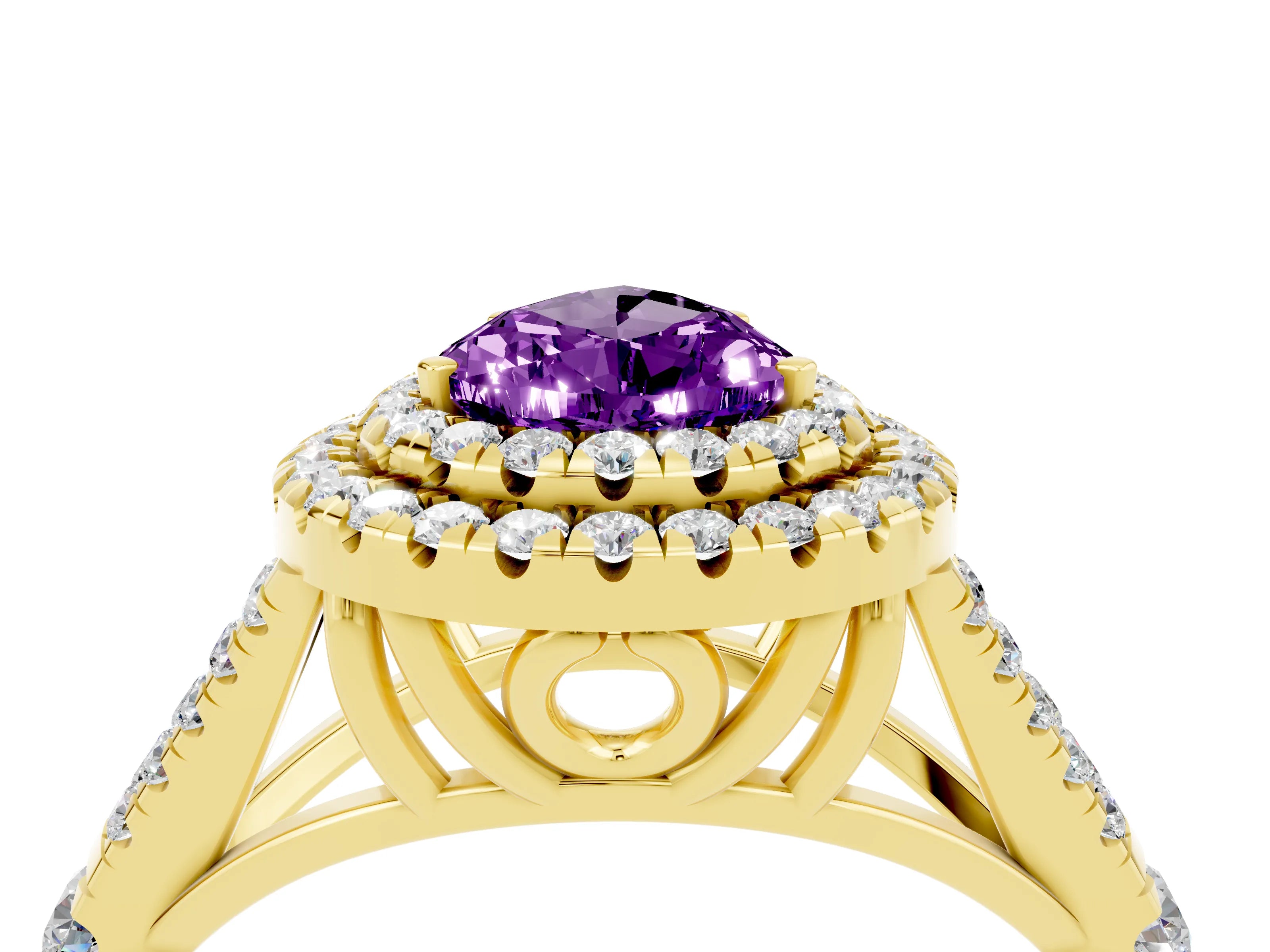 Yellow gold Double Halo Pear Cut Amethyst Pavé Split Shank Ring with Prong Setting_4