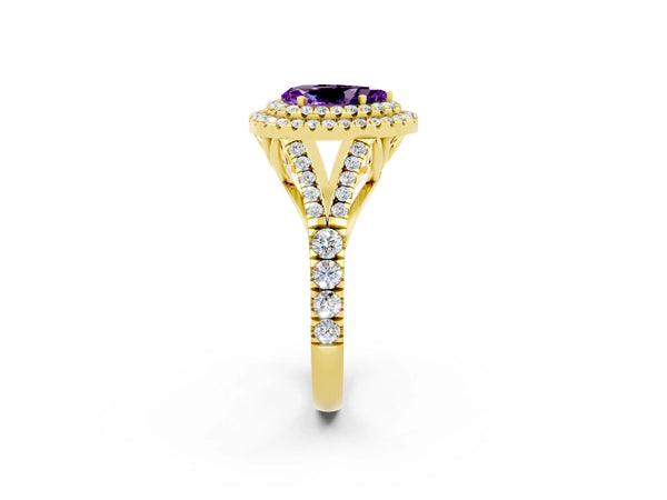 Yellow gold Double Halo Pear Cut Amethyst Split Shank Engagement Ring with Four-Prong Setting