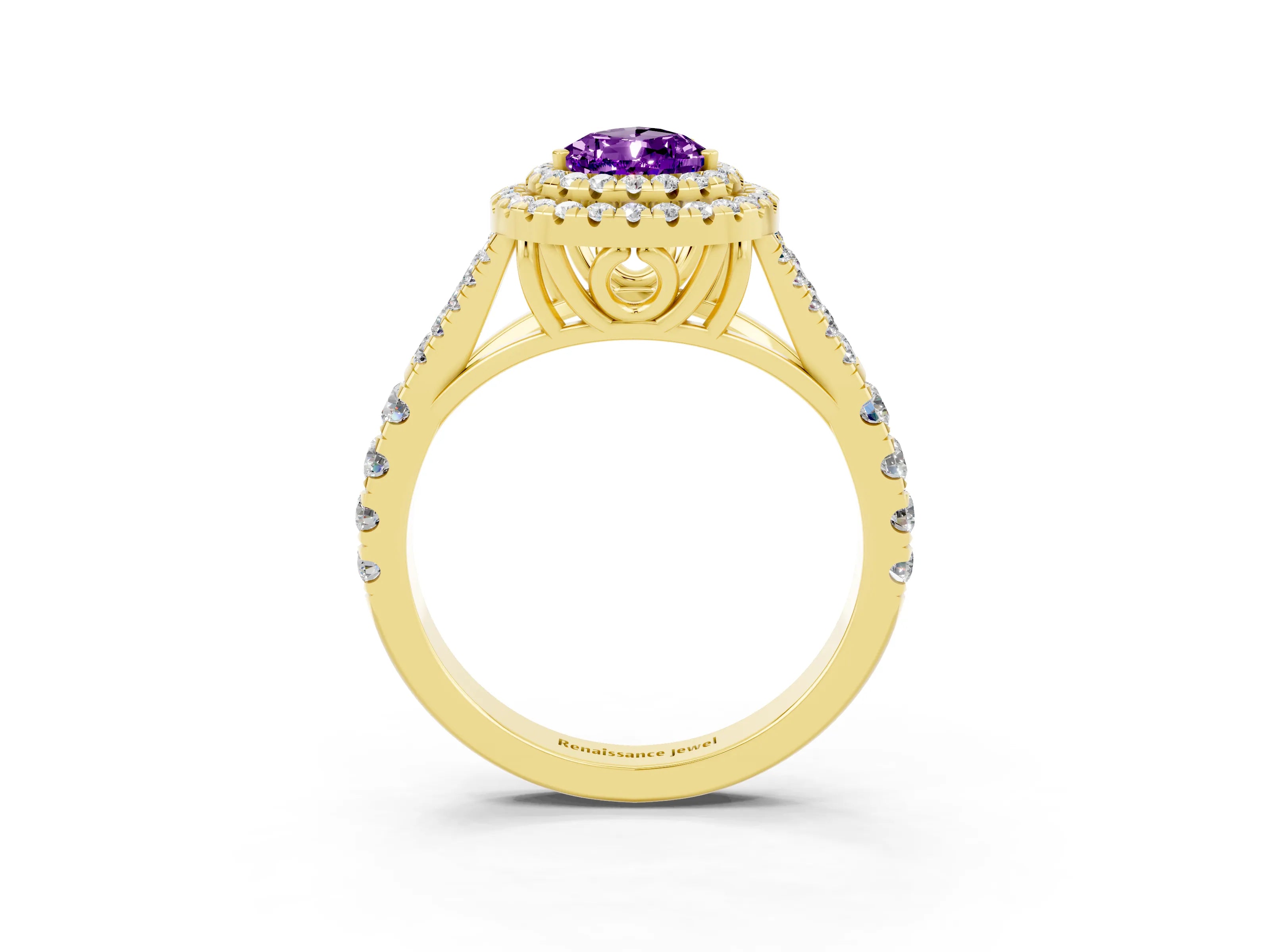 Yellow gold Double Halo Pear Cut Amethyst Split Shank Engagement Ring with Four-Prong Setting_3