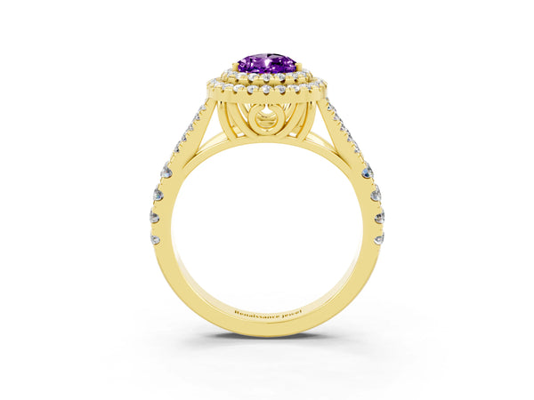 Yellow gold Double Halo Pear Cut Amethyst Split Shank Engagement Ring with Four-Prong Setting