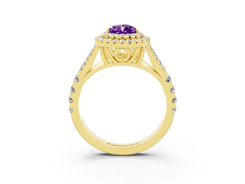 Yellow gold Double Halo Pear Cut Amethyst Split Shank Engagement Ring with Four-Prong Setting_3