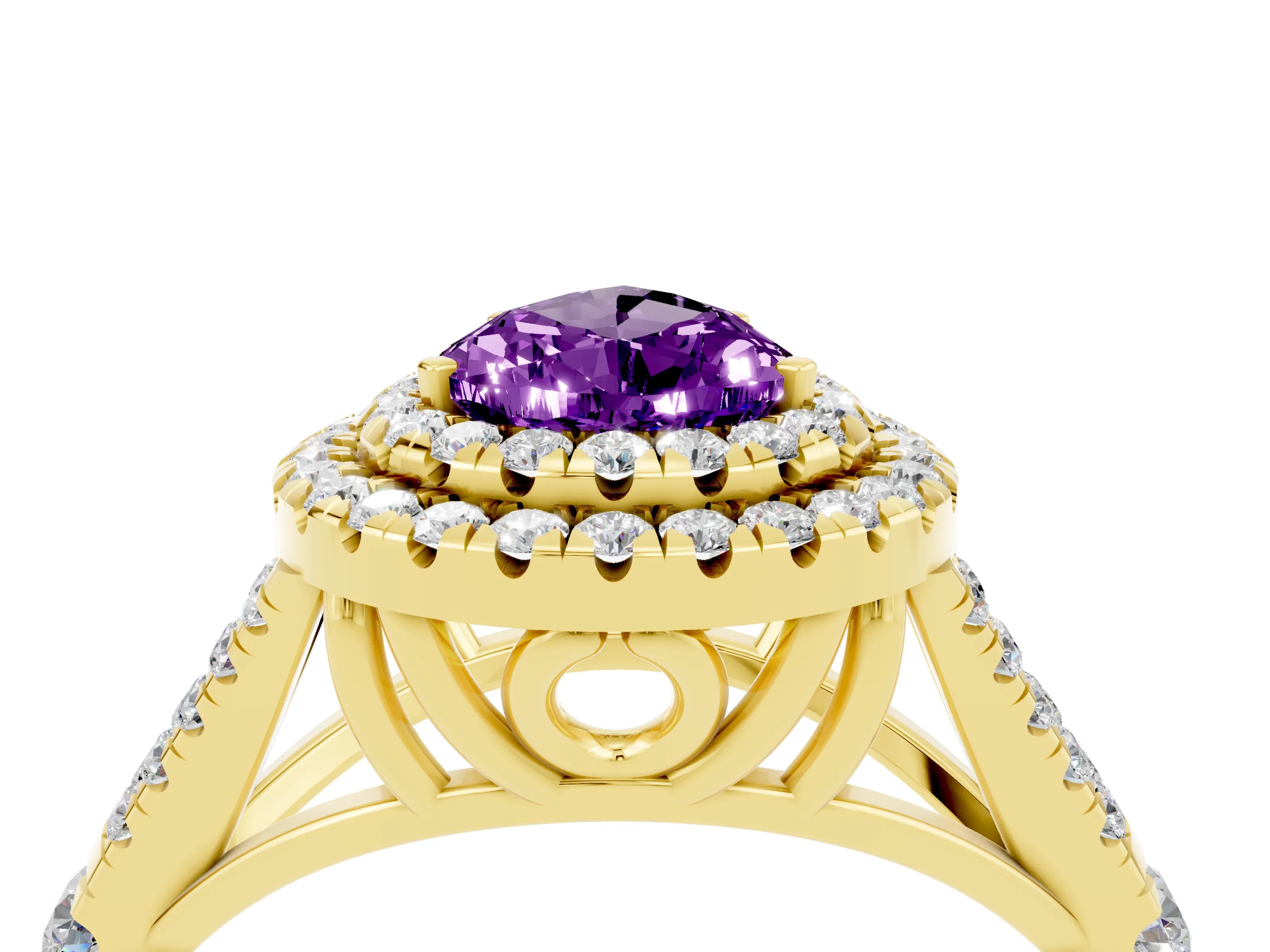 Yellow gold Double Halo Pear Cut Amethyst Split Shank Engagement Ring with Four-Prong Setting_4