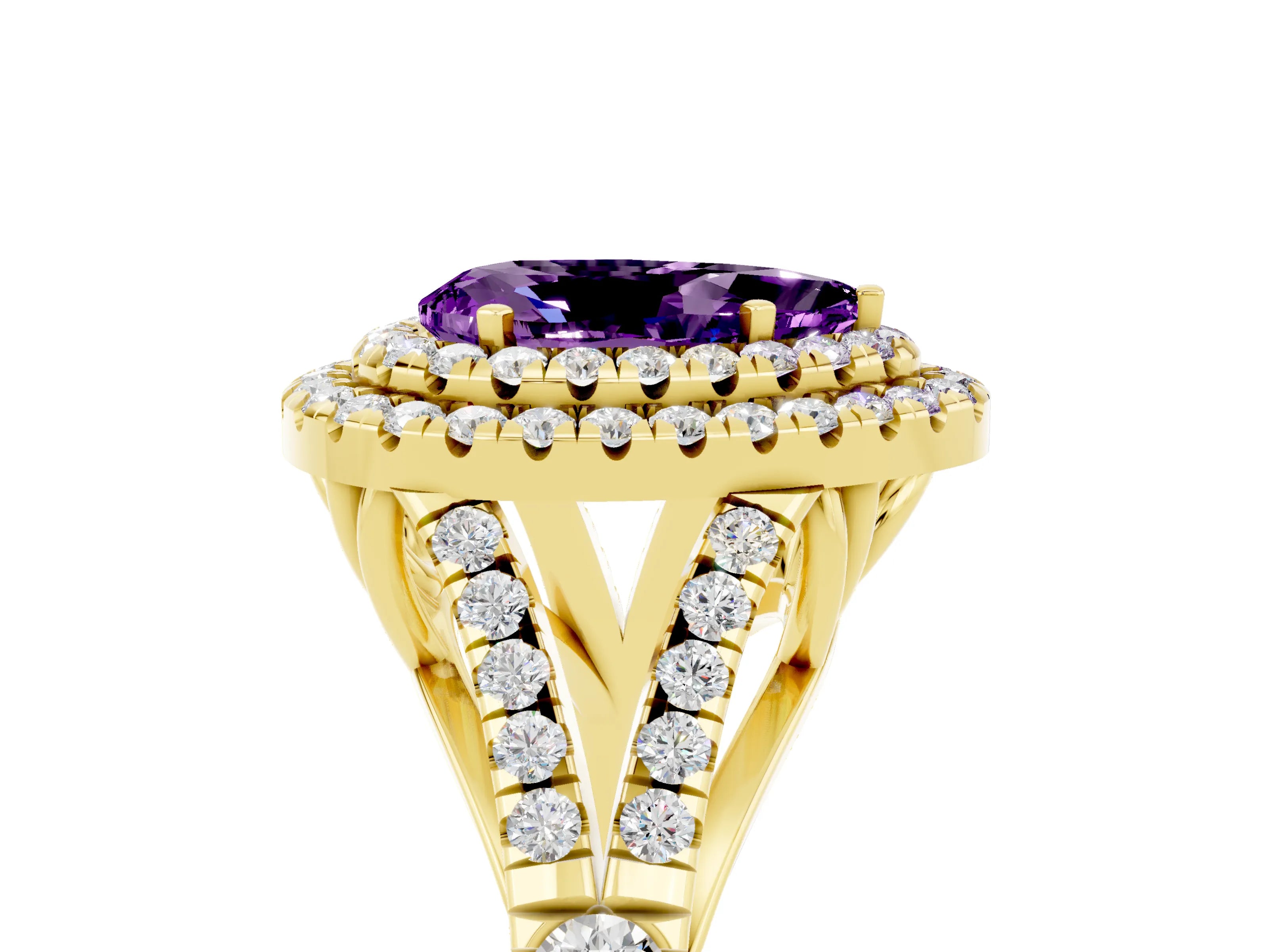 Yellow gold Double Halo Pear Cut Amethyst Split Shank Engagement Ring with Four-Prong Setting_5